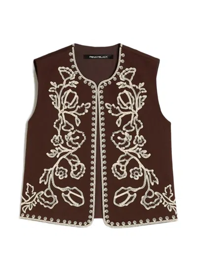 Pennyblack Embroidered Sleeveless Gilet In Brown