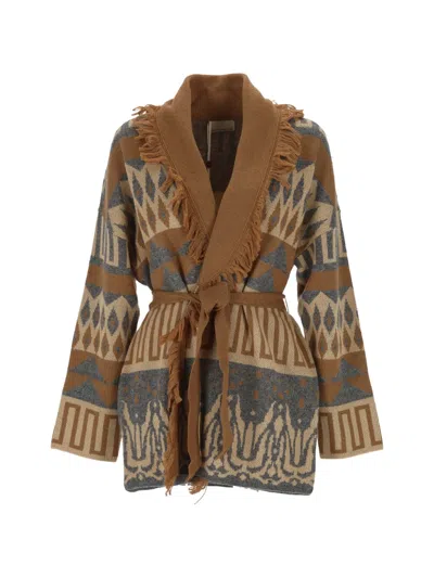 Pennyblack Geometric-pattern Fringed Cardigan In Brown