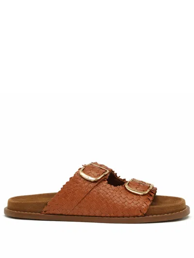 Pennyblack Woven Leather With Gold-tone Buckles Slide Sandal In Brown
