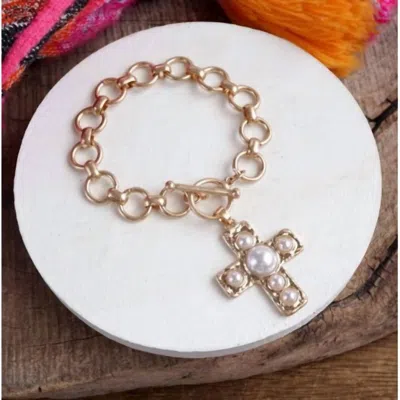 Pennyline Inc Women's Worn Primitive Cross Pearl Bracelet In Gold