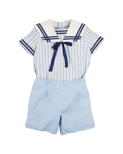 Pepa London Kids' 2pc Striped Mariner Collar Linen Top & Trouser Set In Blue