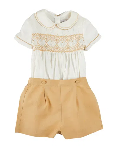 Pepa London Kids' Hand-smocked Peter Pan Collar Linen-blend Shirt In Multi