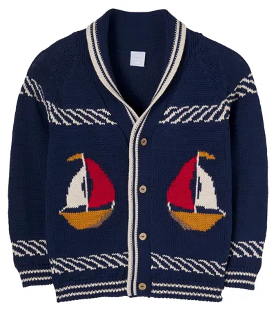 Pepa London Kids' Intarsia Cotton Cardigan In Blue