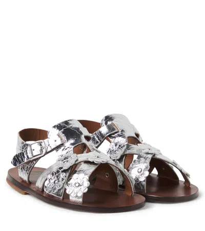 Pèpè Kids'  Alberto Floral-appliqué Leather Sandals In Silver