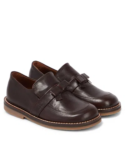 Pèpè Kids' Bow-detail Leather Loafers In Brown