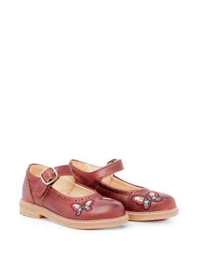 Pèpè Kids' Butterfly-embroidered Leather Ballet Flats In Brown
