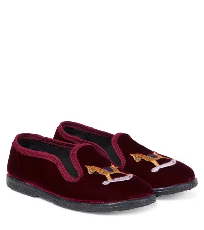 Pèpè Kids'  Embroidered Velvet Slip-on Shoes In Burgundy