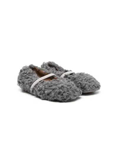 Pèpè Kids' Faux-shearling Round-toe Ballerinas In Grey