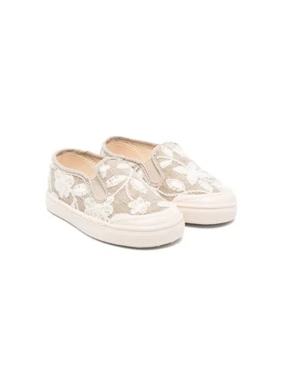 Pèpè Babies' Floral-embroidered Cotton Sneakers In Neutrals