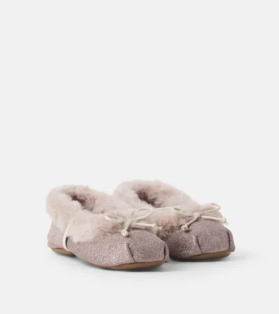 Pèpè Kids' 亮片金葱皮革芭蕾舞平底鞋 In Mouse/beige