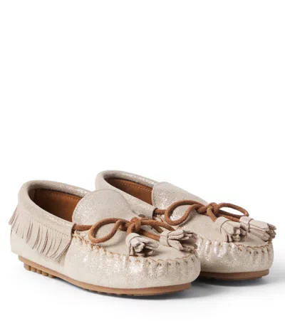 Pèpè Kids' Glitter Leather Loafers In Neutral