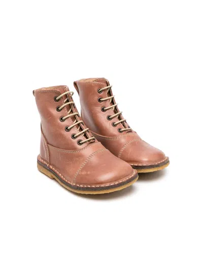 Pèpè Kids' Lace-up Leather Ankle Boots In Brown