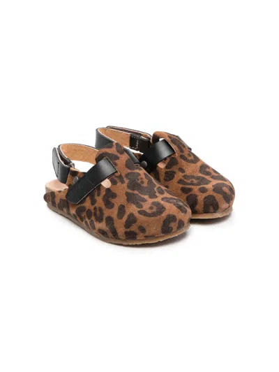 Pèpè Kids' Leopard-print Leather Closed-toe Sandals In Brown
