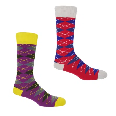 Peper Harow - Made In England Argyle Men's Sock Bundle - Crimson And Sunshine In Multi