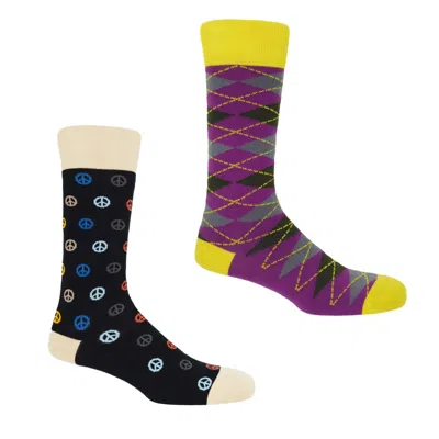 Peper Harow - Made In England Argyle Sunshine & Peace Black Men's Socks Bundle