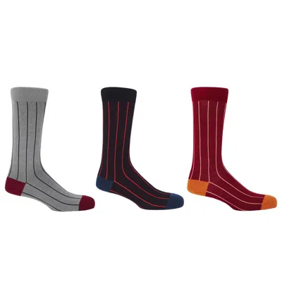 Peper Harow - Made In England Ash, Black & Crimson Pin Stripe Men's Socks - 3 Pack In Black/red