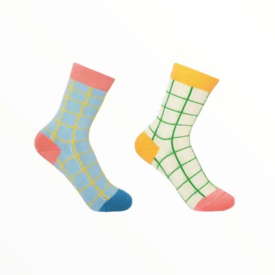 Peper Harow - Made In England Blue & Cream Grid Women's Socks Two Pack In Blue/white