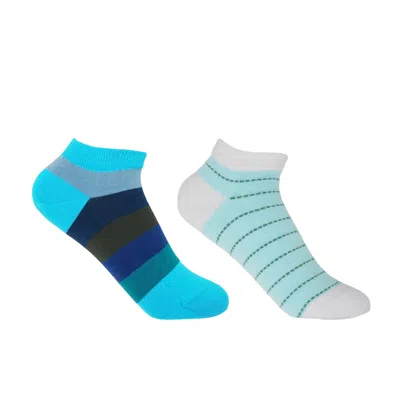 Peper Harow - Made In England Blue Block Stripe Aqua & Dash Mint Women's Trainer Socks Bundle