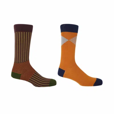 Peper Harow - Made In England Brown Oxford Stripe & Orange Big Diamond Men's Socks 2 Pack In Brown/orange