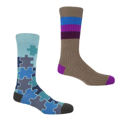 Peper Harow - Made In England Chopper Fawn & Jigsaw Blue Men's Socks Bundle