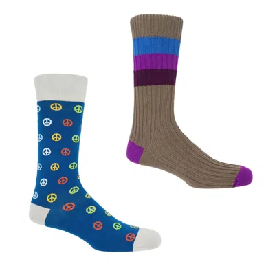 Peper Harow - Made In England Chopper Fawn & Peace Blue Men's Socks Bundle In Multi