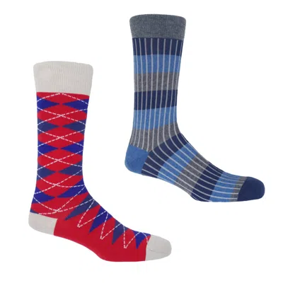 Peper Harow - Made In England Chord Blue & Argyle Crimson Men's Socks Bundle In Multi