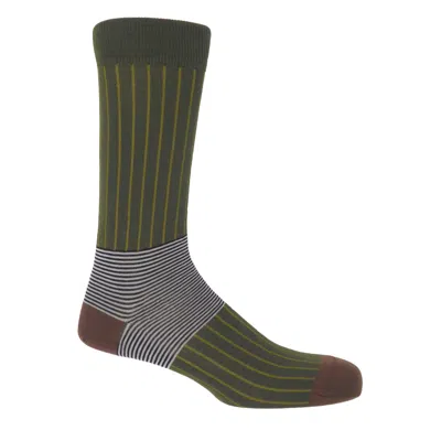 Peper Harow - Made In England Green Sage Oxford Stripe Men's Socks