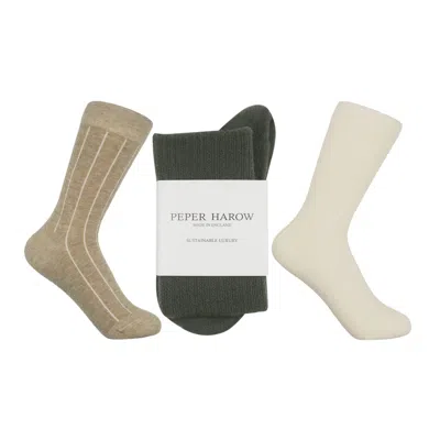 Peper Harow - Made In England Green Women's Three Pairs Cashmere & Wool Boot Socks – Beige, Cream & Olive In Multi