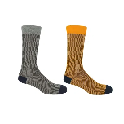 Peper Harow - Made In England Grey & Yellow Lux Taylor Men's Socks Two Pack In Gray/yellow