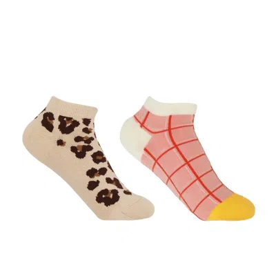 Peper Harow - Made In England Grid Pink & Leopard Brown Women's Trainer Socks Bundle In Multi