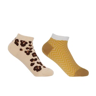 Peper Harow - Made In England Leopard Brown & Zigzag Yellow Women's Trainer Socks Bundle In Multi