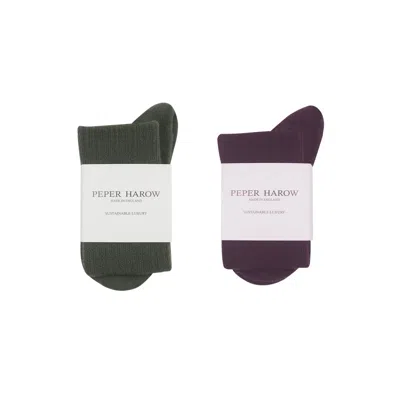 Peper Harow - Made In England Men's Men's Two Pairs Wool Socks Bundle – Olive & Purple Boot In Multi