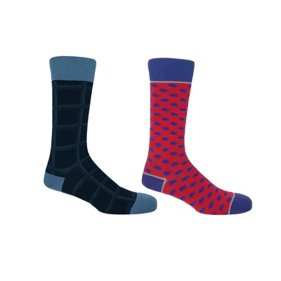 Peper Harow - Made In England Men's Socks Two Pack In Navy Check & Scarlet Disruption In Blue/red