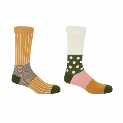 Peper Harow - Made In England Mustard Oxford Stripe & Cream Mayfair Men's Socks 2 Pack In White/yellow