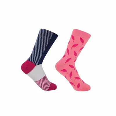 Peper Harow - Made In England Navy Anne & Pink Leaf Women's Socks 2 Pack In Blue/pink