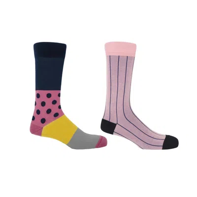 Peper Harow - Made In England Navy Mayfair & Pink Pin Stripe Men's Socks - 2 Pack In Blue/pink