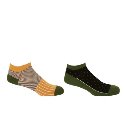 Peper Harow - Made In England Oxford Stripe Mustard & Polka Khaki Men's Trainer Socks Bundle In Yellow