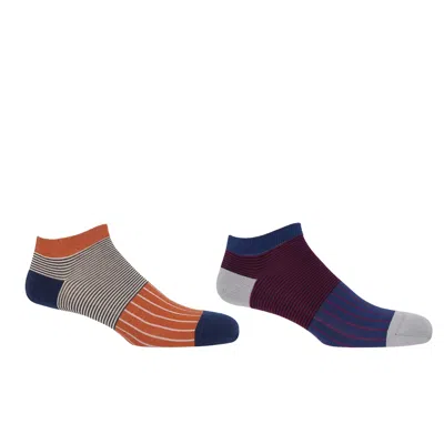 Peper Harow - Made In England Oxford Stripe Navy & Orange Men's Trainer Socks Bundle In Multi