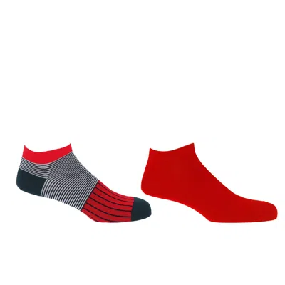 Peper Harow - Made In England Oxford Stripe Scarlet & Classic Red Men's Trainer Socks Bundle