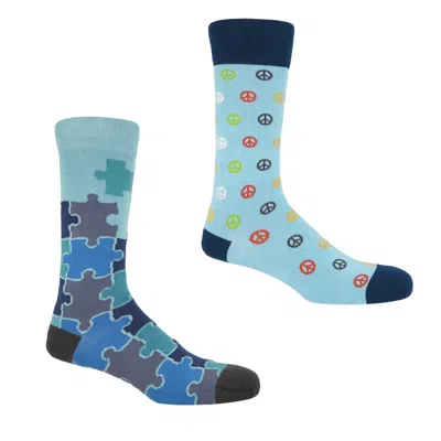 Peper Harow - Made In England Peace Light Blue & Jigsaw Blue Men's Socks Bundle