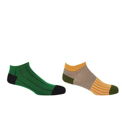 Peper Harow - Made In England Pin Stripe Green & Oxford Stripe Mustard Men's Trainer Socks Bundle