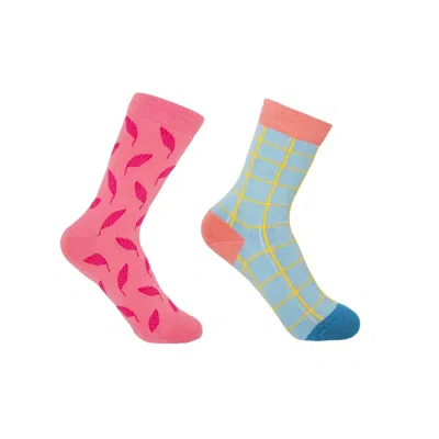 Peper Harow - Made In England Pink Leaf & Blue Grid Women's Socks Two Pack In Blue/pink