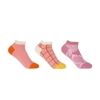 Peper Harow - Made In England Pink Women's Trainer Sock Bundle - Zigzag, Grid & Delicate