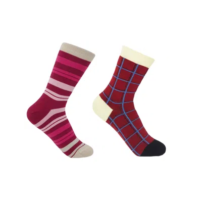Peper Harow - Made In England Punch Elizabeth & Grid Burgundy Women's Socks Two Pack In Red