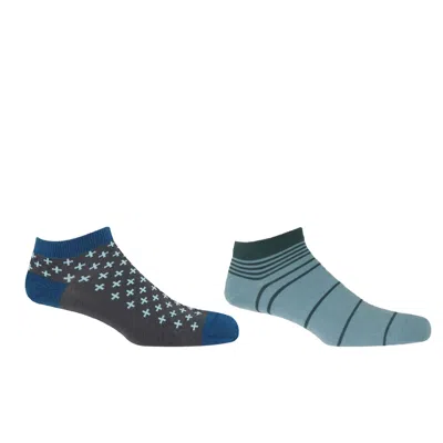 Peper Harow - Made In England Retro Stripe Blue & Crosslet Grey Men's Trainer Socks Bundle