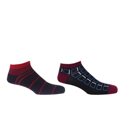 Peper Harow - Made In England Retro Stripe Burgundy & Cube Black Men's Trainer Socks Bundle