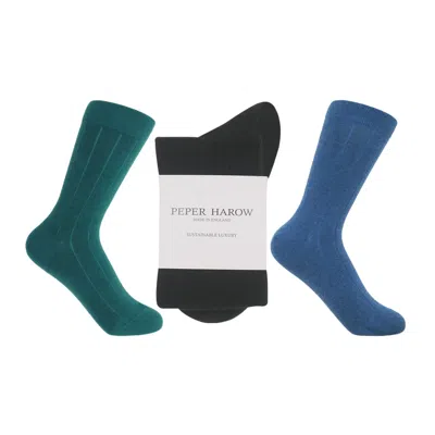Peper Harow - Made In England Women's Three Pairs Cashmere & Wool Boot Socks – Teal, Blue & Charcoal In Multi