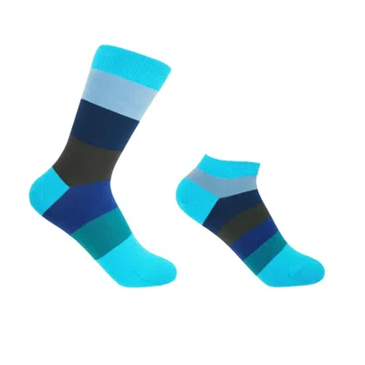 Peper Harow - Made In England Blue Block Stripe Aqua Luxury Crew & Trainer Women's Socks Bundle