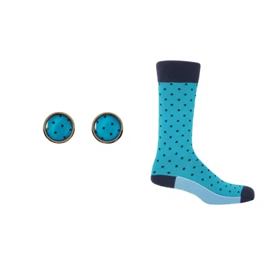 Peper Harow - Made In England Men's Blue Groom's Set - Pin Polka Socks & Azure Cufflink