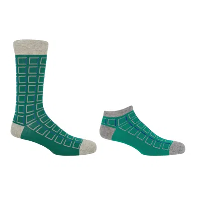 Peper Harow - Made In England Men's Green Cube Teal Luxury Crew & Trainer Men's Socks Bundle
